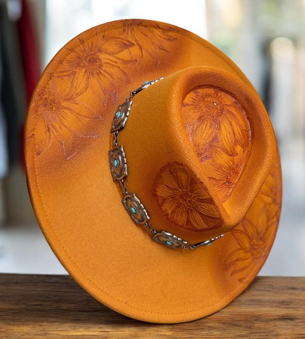 Hand Burned Felt Sunflower Hat with Hat Band