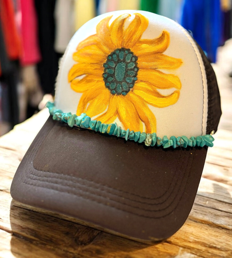 Sunflowers and Turquoise Hand Painted Trucker Hat