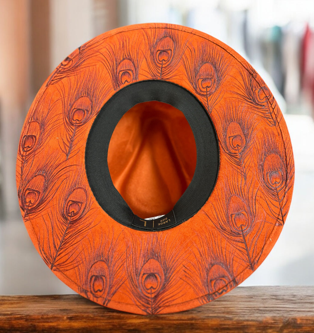 Hand Burned Orange Peacock Feather Wide Brim Hat