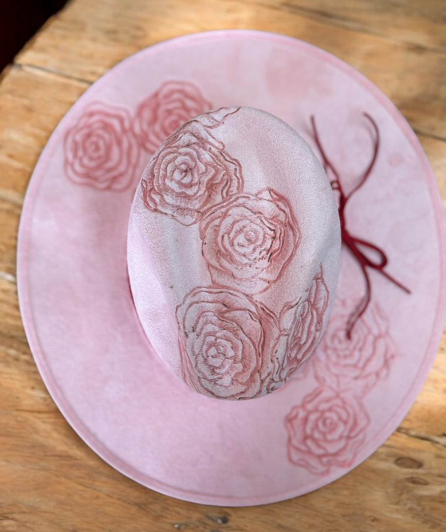 Hand Burned Rose Faux Suede Hat