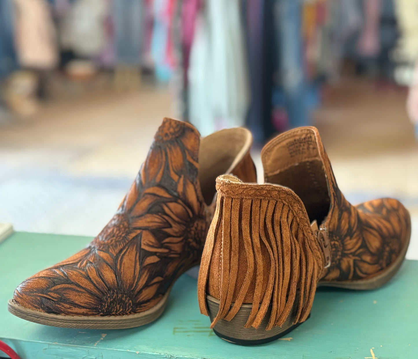 Hand Burned Suede Fringe Ankle Boots