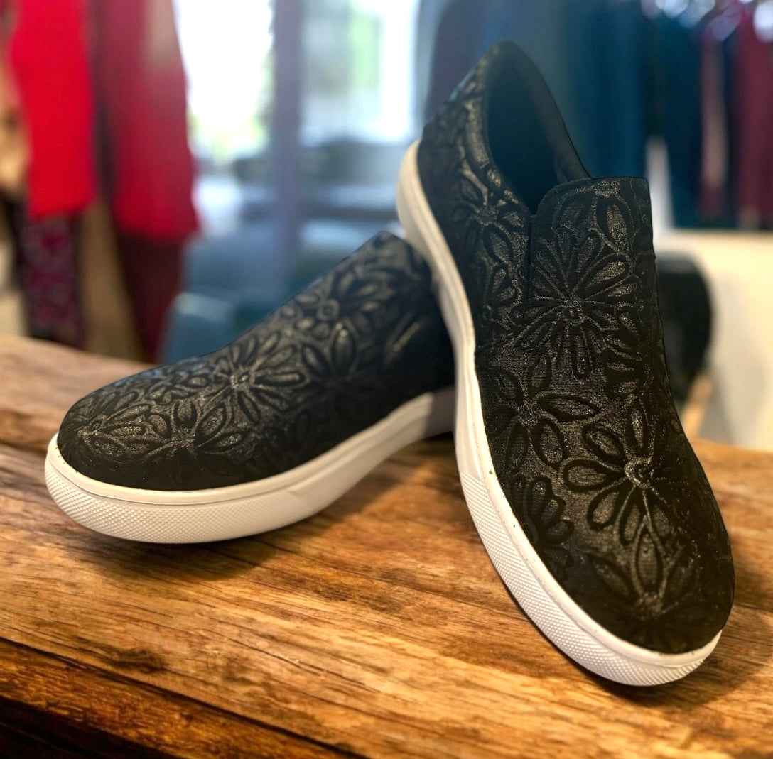 Hand Burned Black Slip On Sneakers