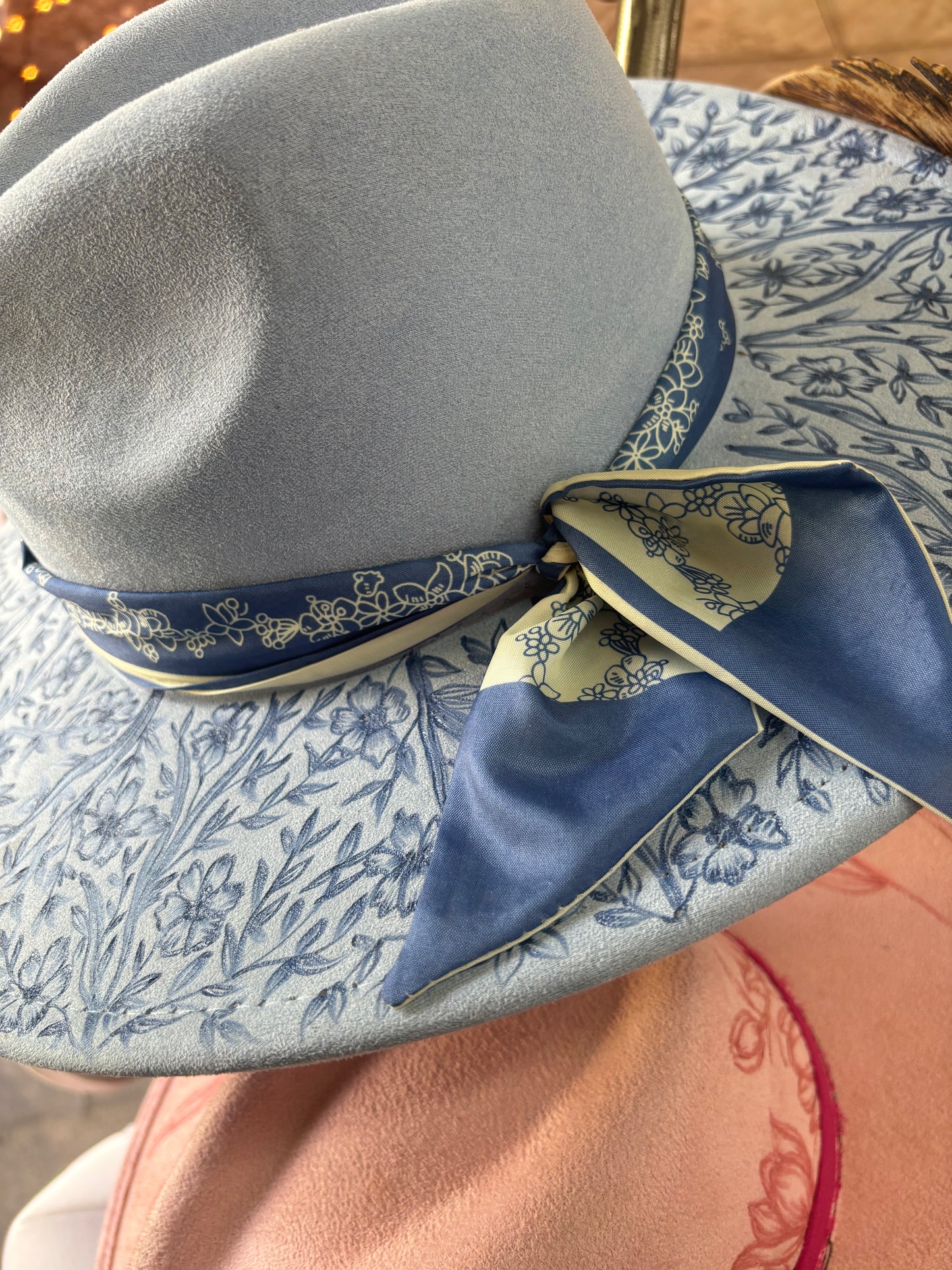 Hand Burned Blue Floral Toile Western Hat | Wide Brim Statement Hat