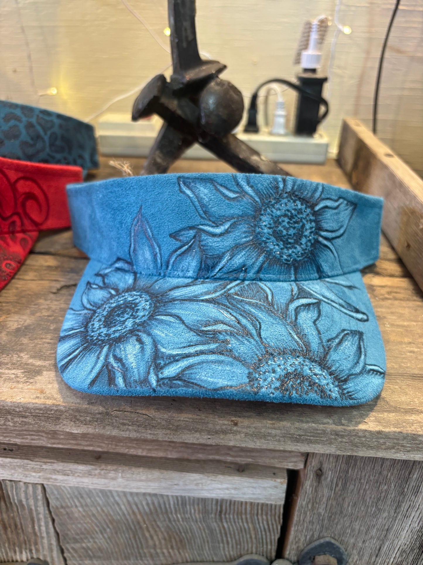 Hand Burned Faux Suede Sunflower Visor