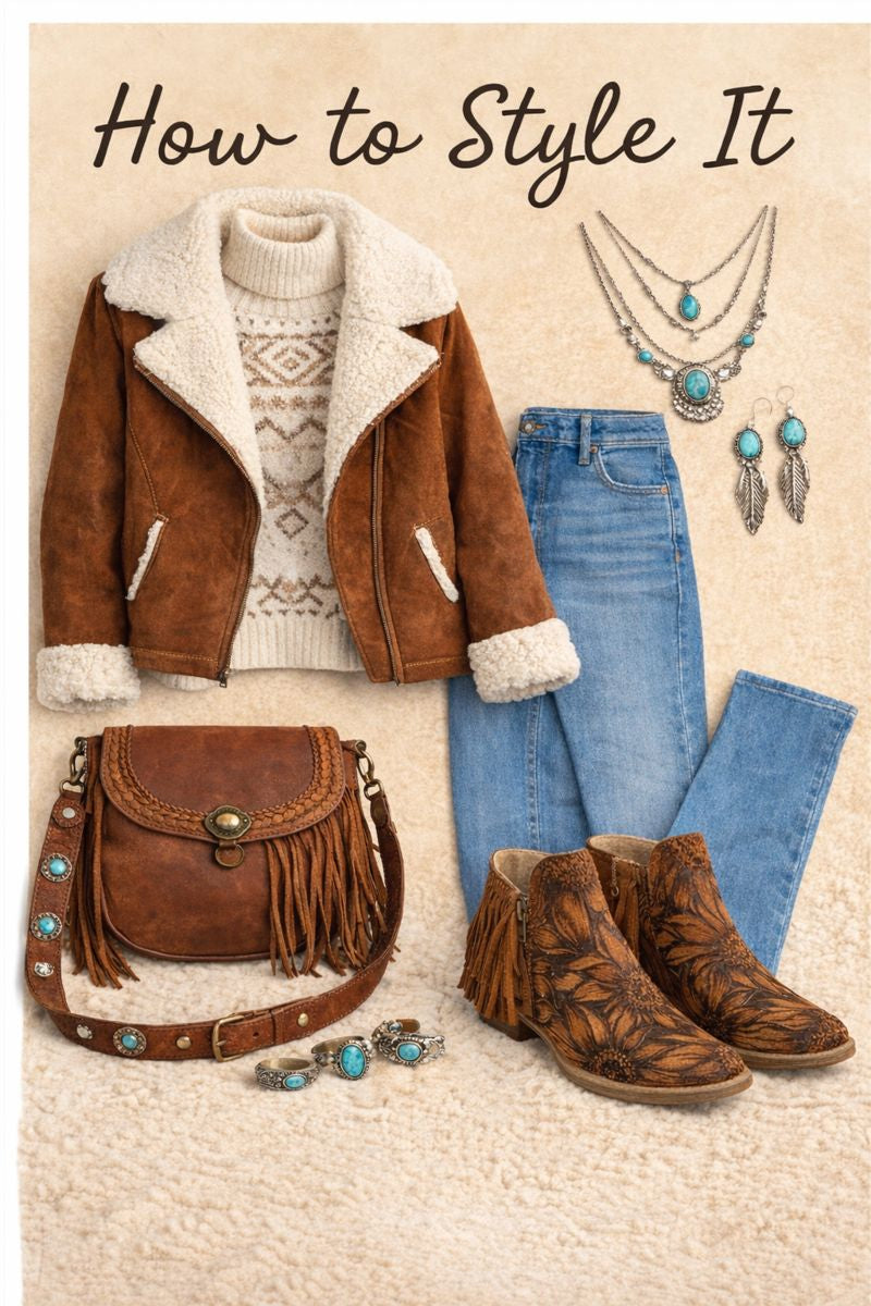 Fashionable outfit with brown jacket, jeans, boots, and accessories on a textured beige background.