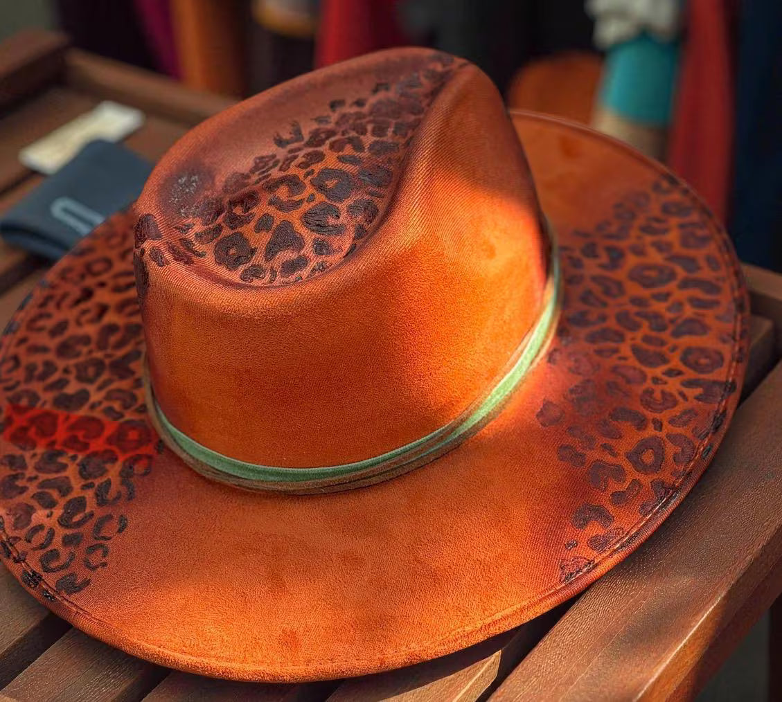 Hand Burned Leopard Print Orange Hat