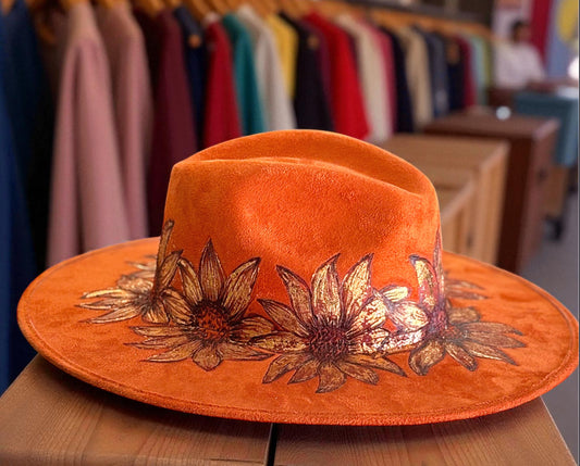 Hand Burned, Foiled Sunflower Wide Brim
