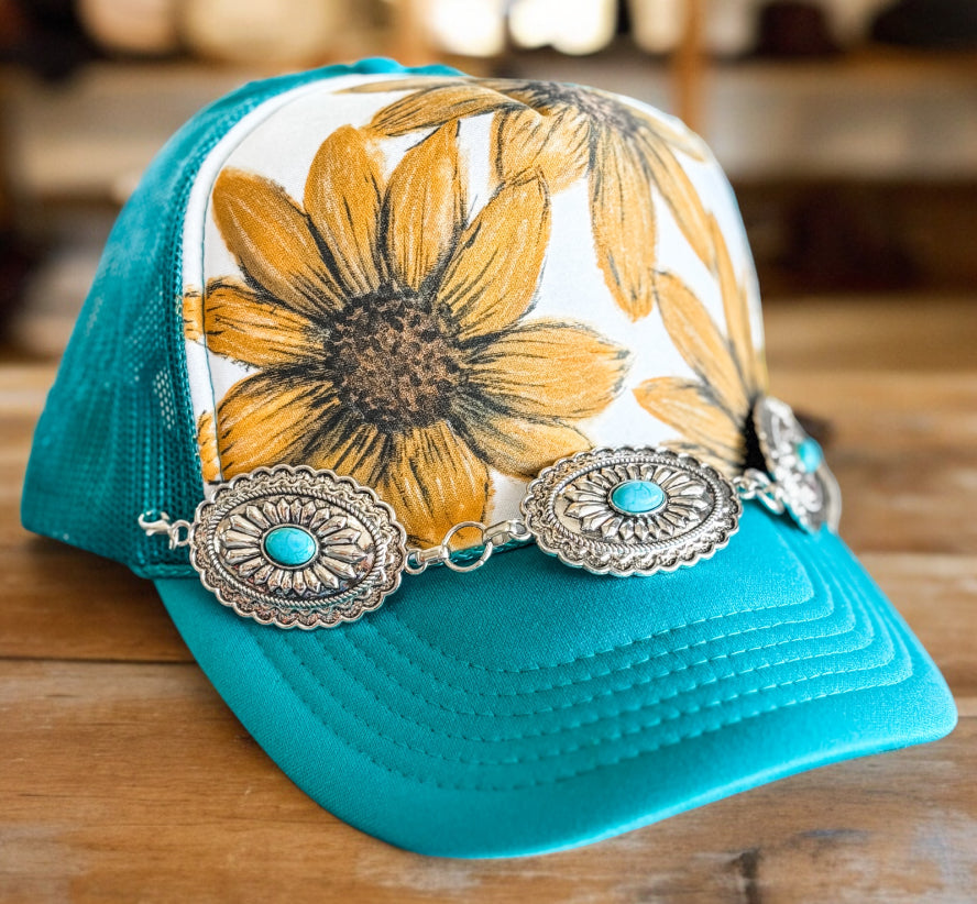 Hand Painted, Sunflower Trucker Hat with Concho Chain