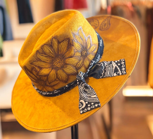 Sunflower Paisley Faux Suede Wide Brim Hat