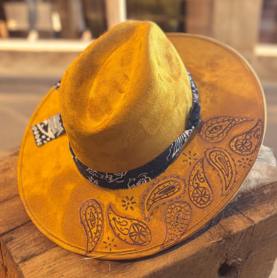 Sunflower Paisley Faux Suede Wide Brim Hat