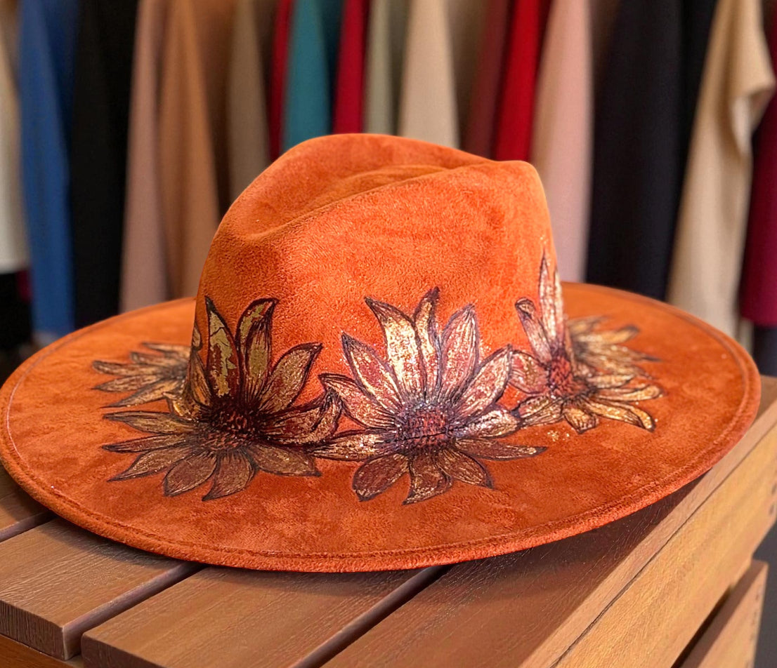 Hand Burned, Foiled Sunflower Wide Brim