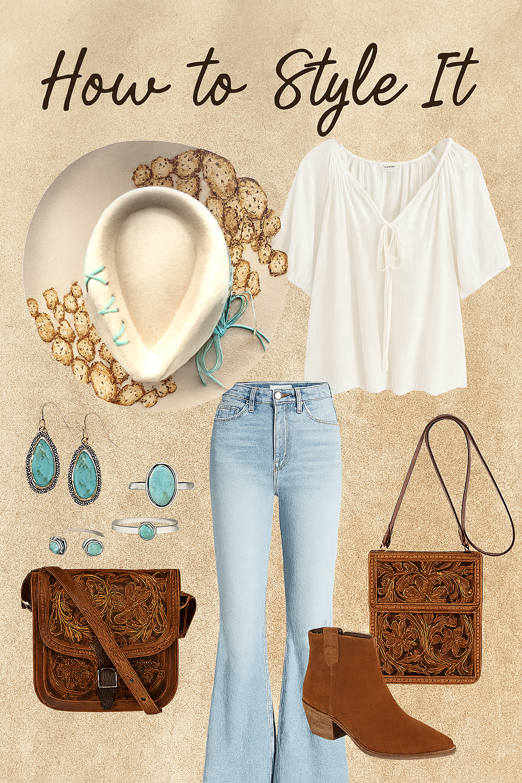 Fashion collage with white top, blue jeans, brown booties, and accessories on a beige background.