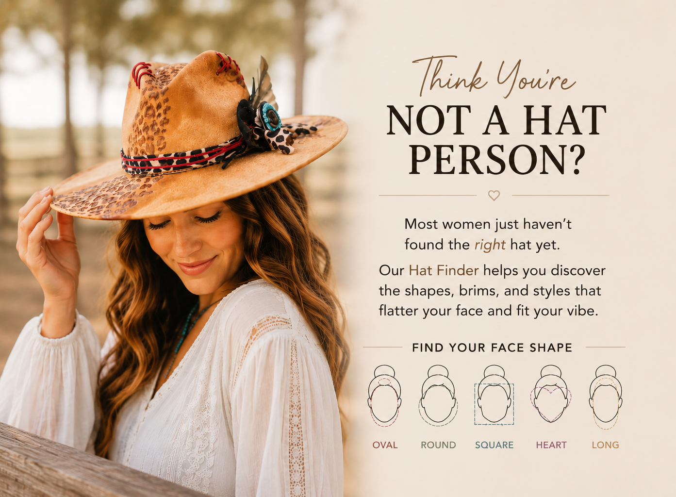 Woman wearing a large hat with text about finding the right hat for her face shape.