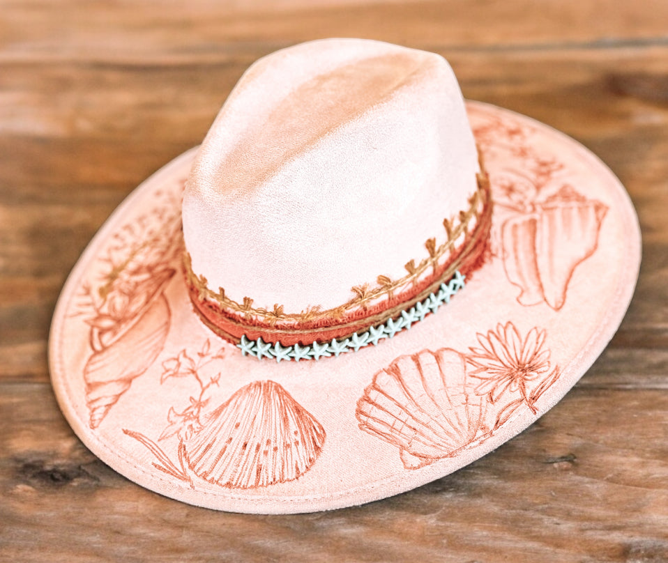 Pink Hand Burned Seashell Wide Brim Hat