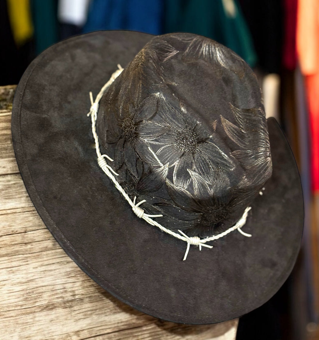 Hand Burned Black Faux Suede Hat