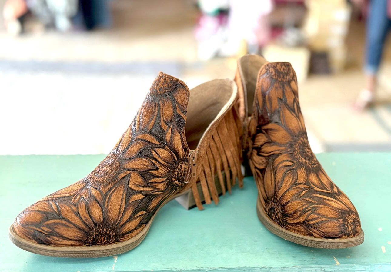 Hand Burned Suede Fringe Ankle Boots