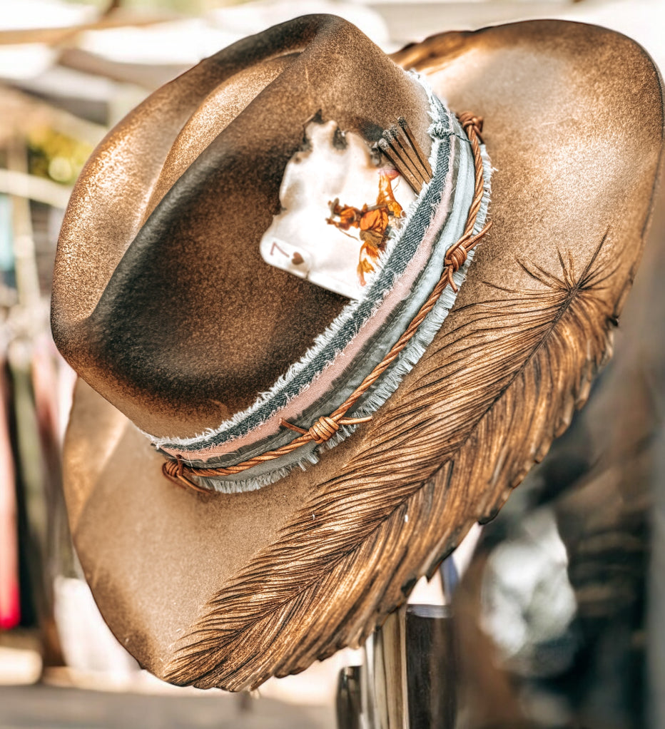 Feather Cutout Hand Burned Hat