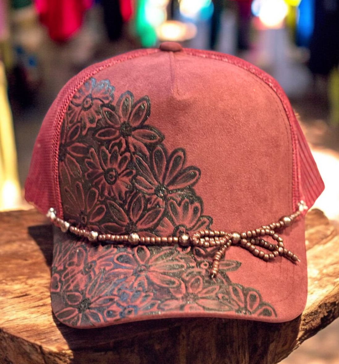 Hand Burned Cap with Beaded Hat Band