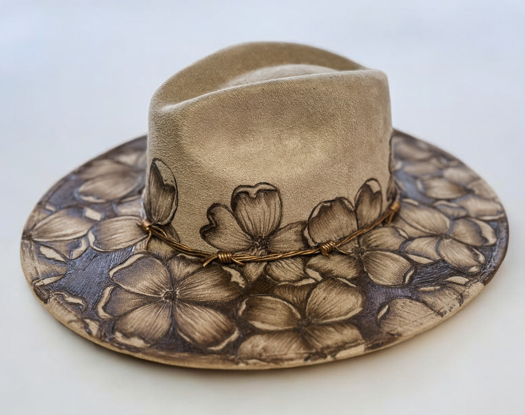 Hand Burned, Double Sided Floral Hat