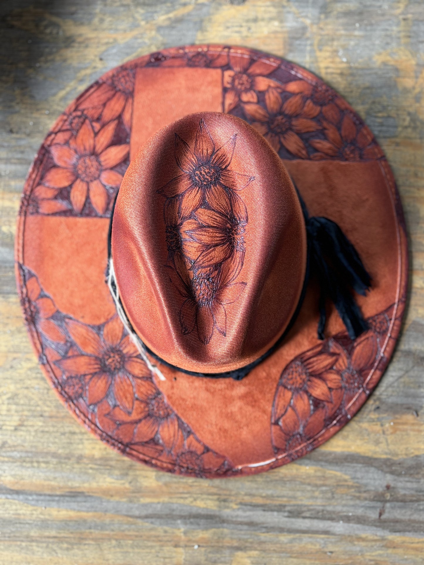 Hand Burned Texas Sunflower Faux Suede Hat