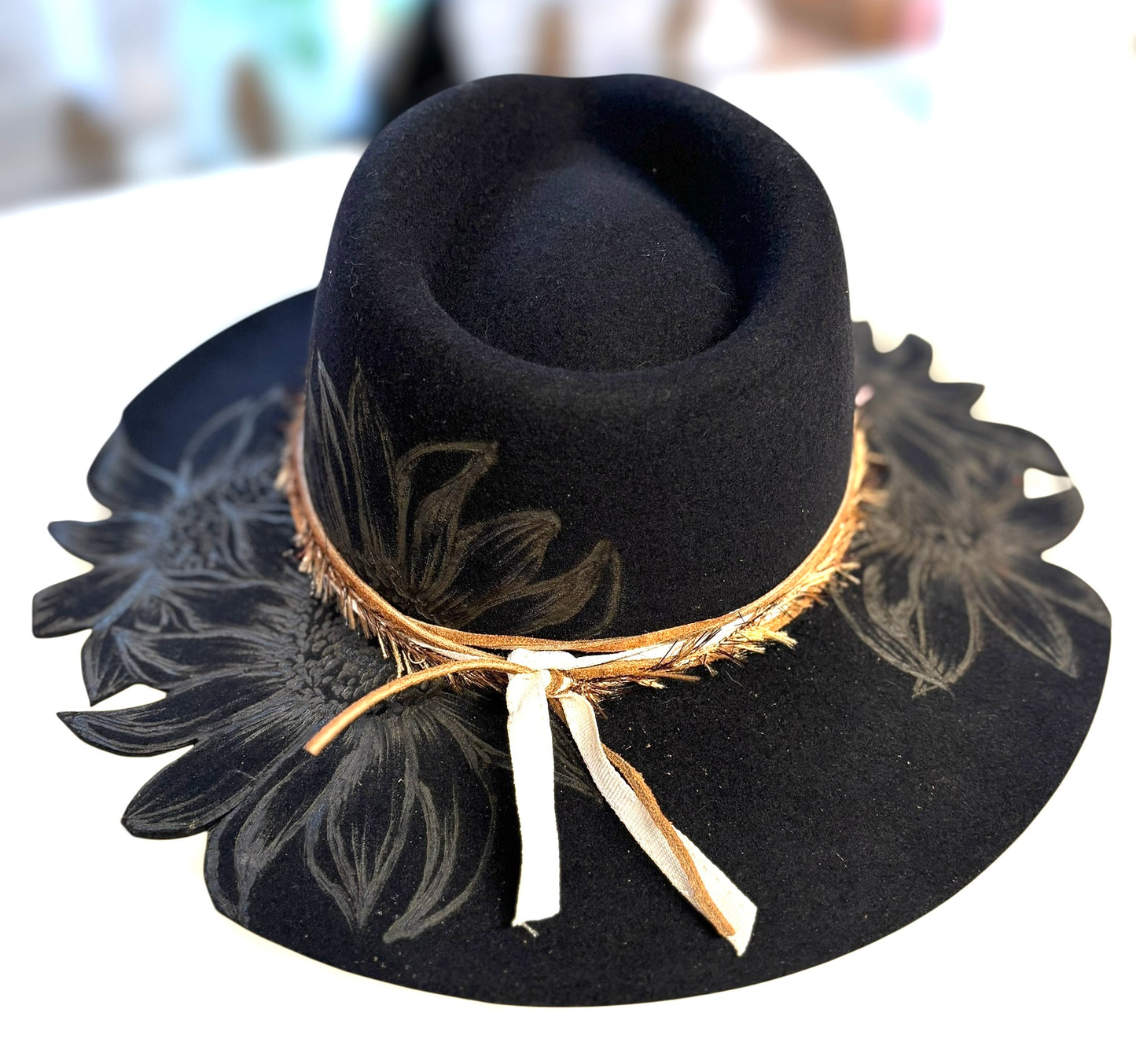 Hand Burned Black Sunflower Cutout Hat