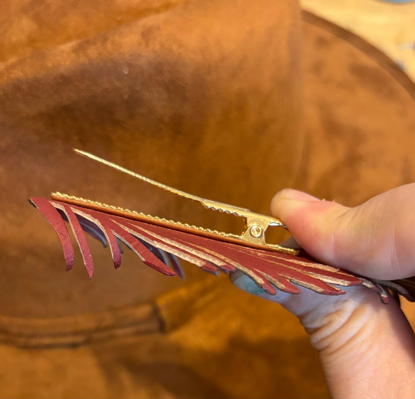 Leather Feather Hat Clip