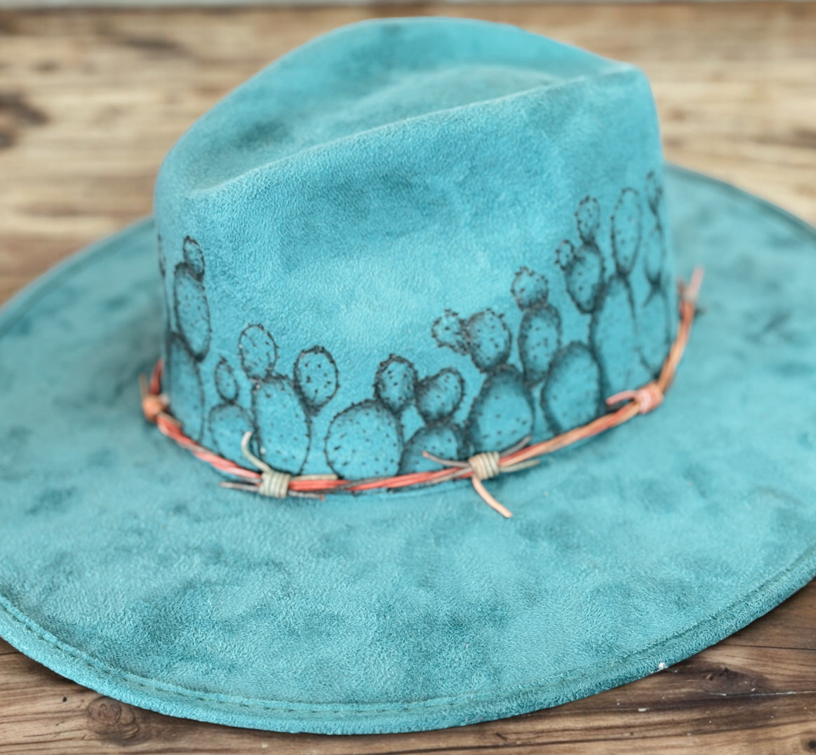 Hand Burned, Prickly Pear Cactus Wide Brim Hat