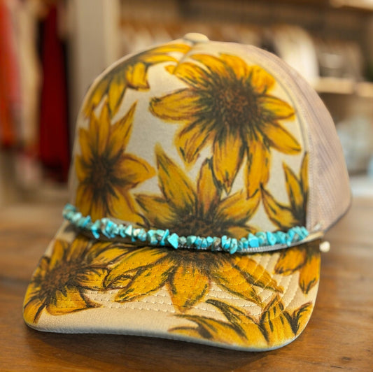 Sunflower Painted Trucker Hat with Beaded Chain