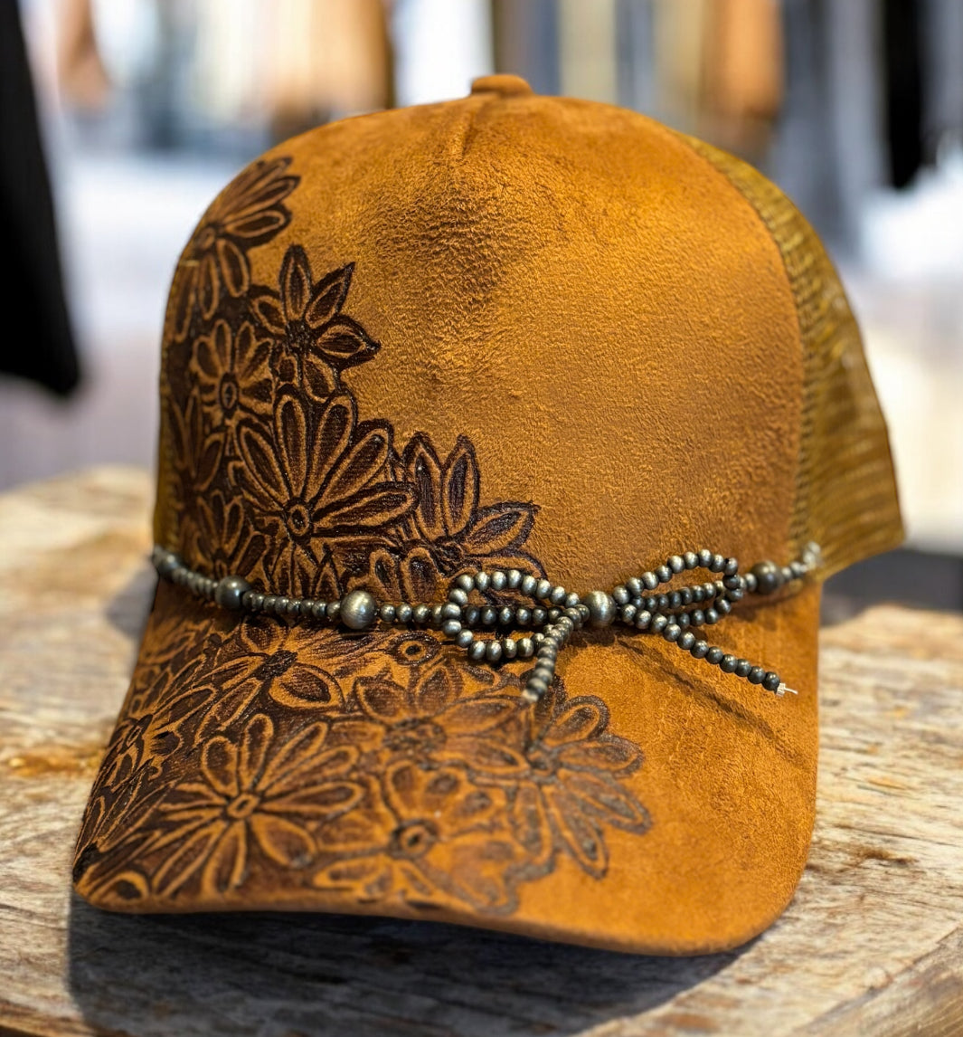 Hand Burned Fauux Suede Cap with Navajo Pearl Bow Hat Band