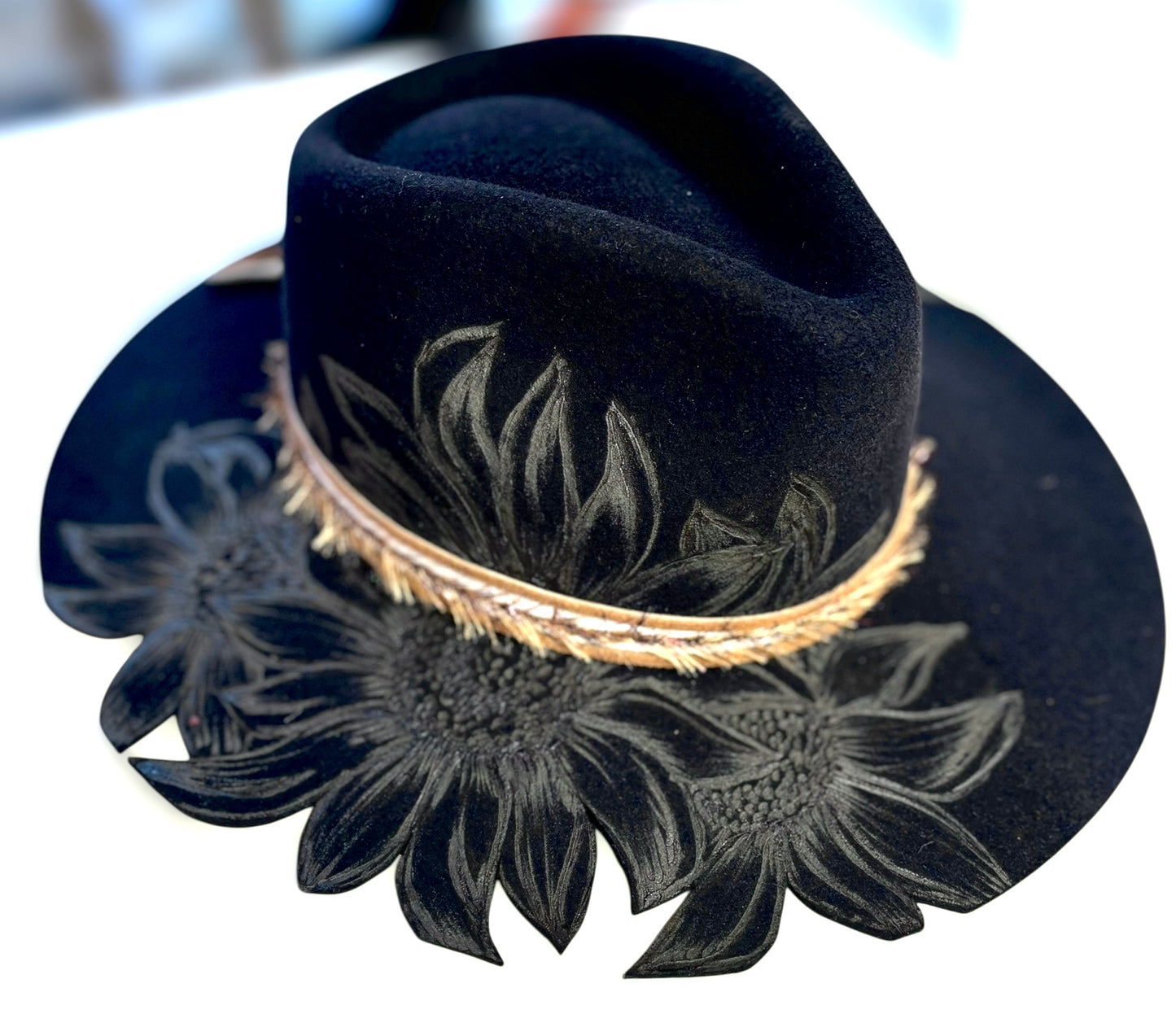 Hand Burned Black Sunflower Cutout Hat