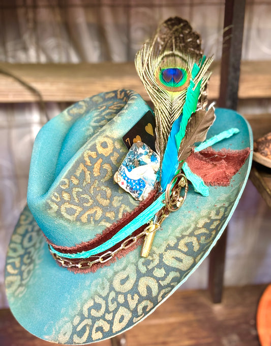 Hand Painted Leopard Print Western Hat | 100% Australian Wool Wide Brim Hat with Feather Hat Band