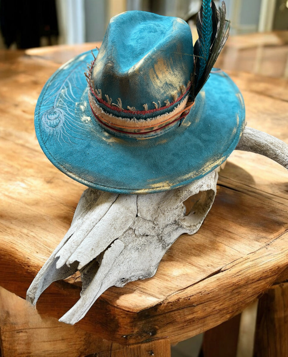 Hand Burned and Hand Painted Peacock Wide Brim Hat