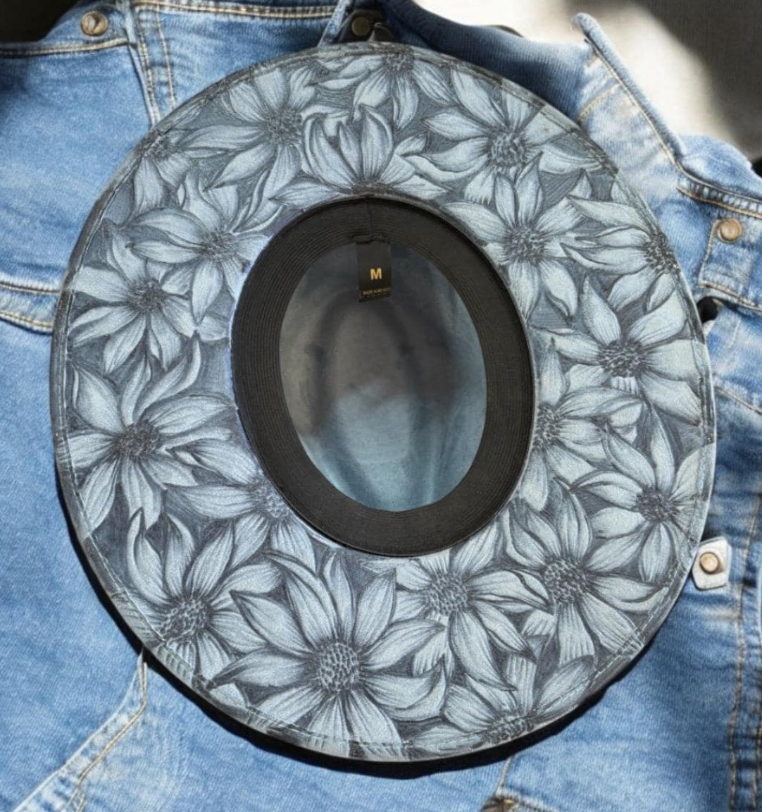 Hand Burned Sunflower Wide Brim Hat