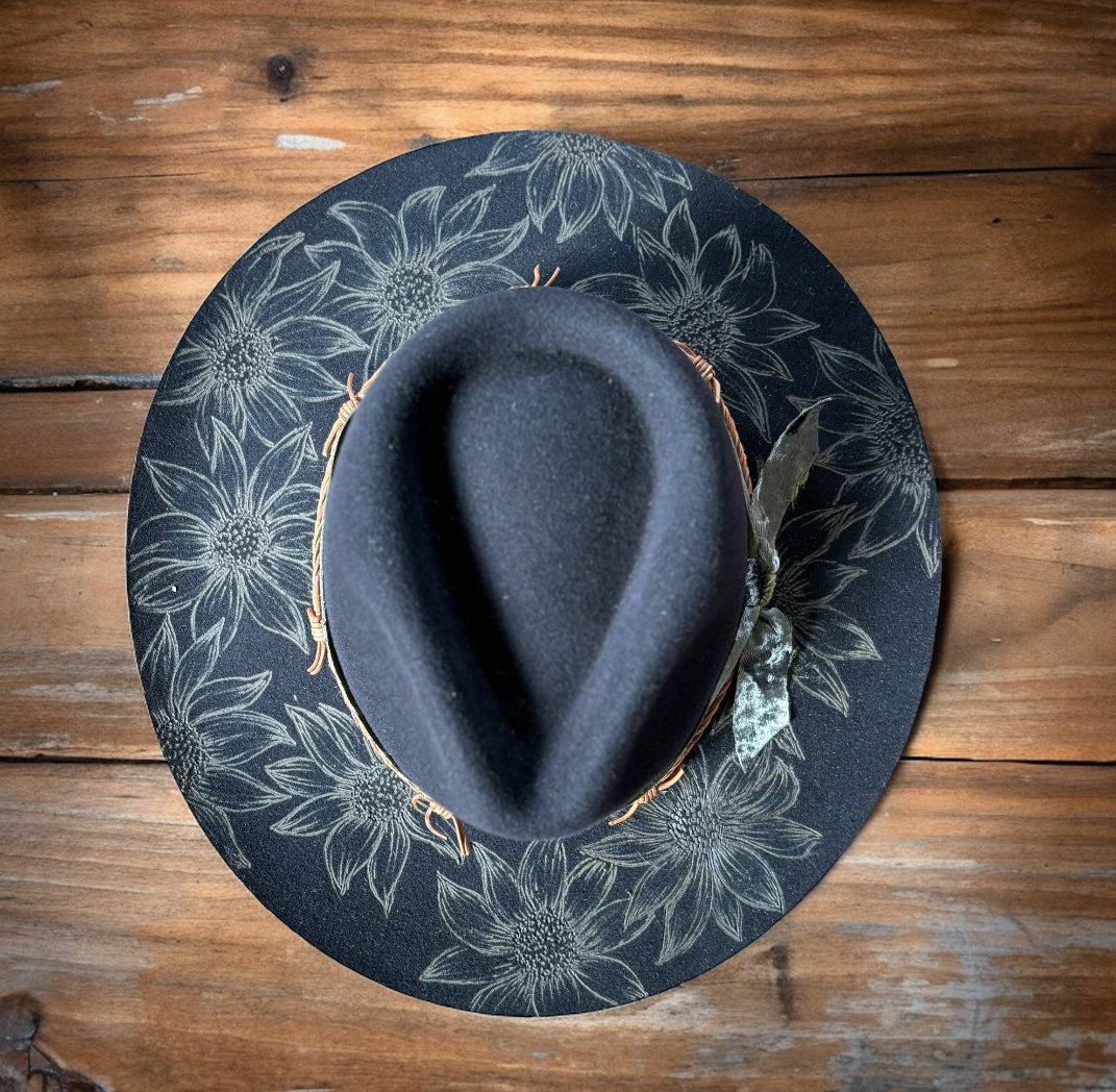 Hand Burned Black Wool Sunflower Hat