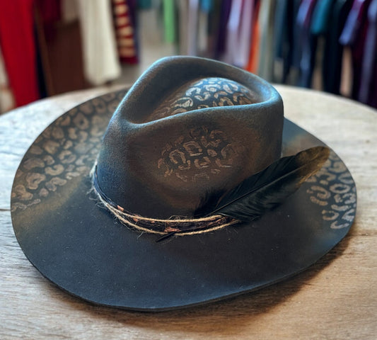 Hand Burned Black Leopard Wool Hat with Hat Band