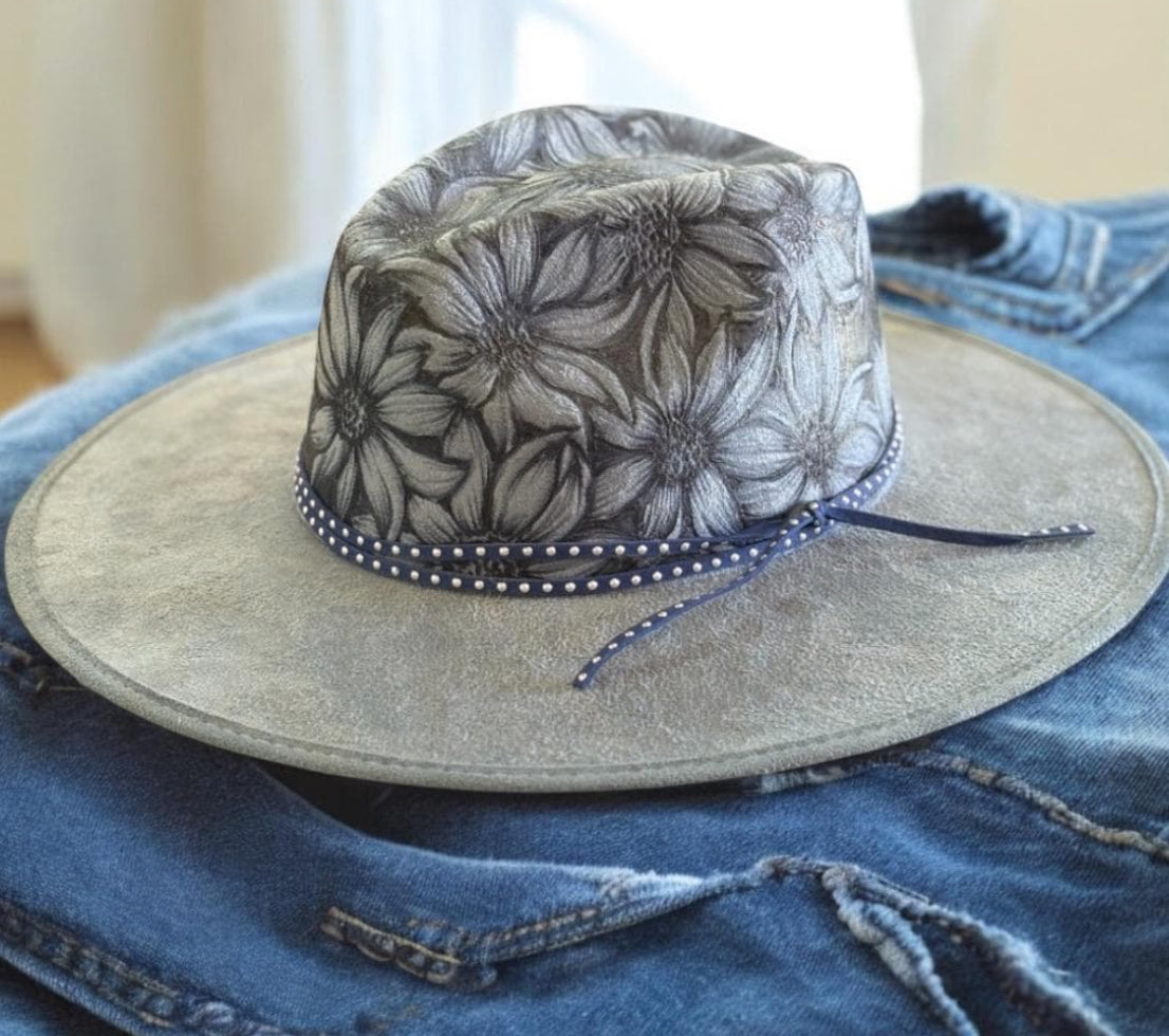 Hand Burned Sunflower Wide Brim Hat