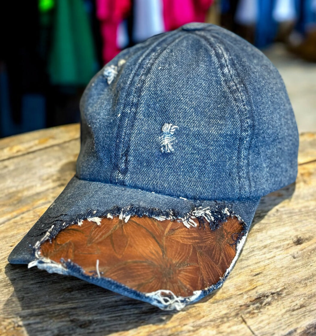 Denim Cap with Hand Burned Leather Bill