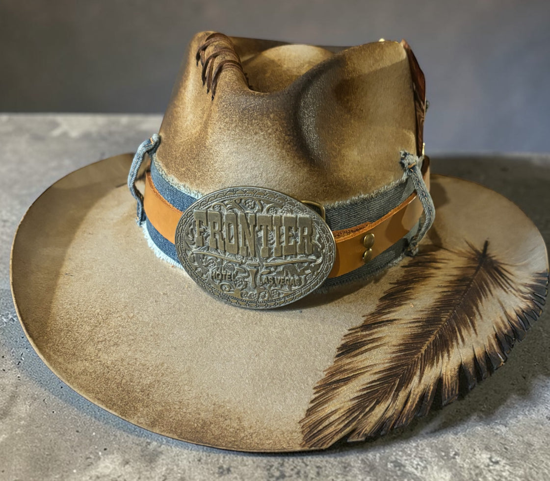 Cutout Feather Belt Buckle Wide Brim Hat