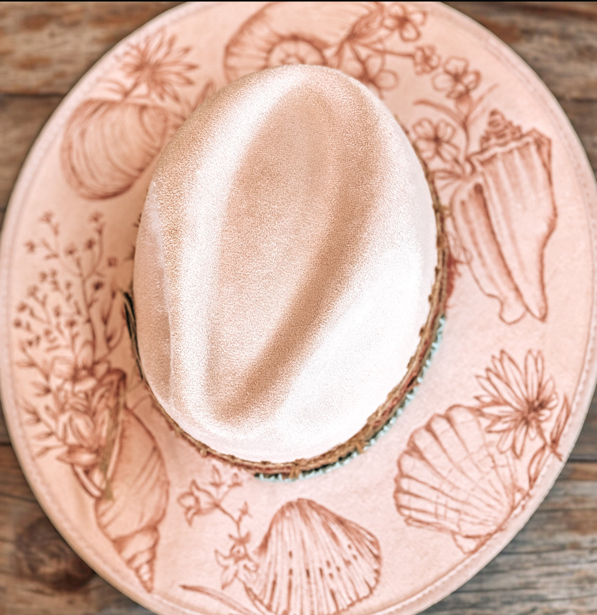 Pink Hand Burned Seashell Wide Brim Hat