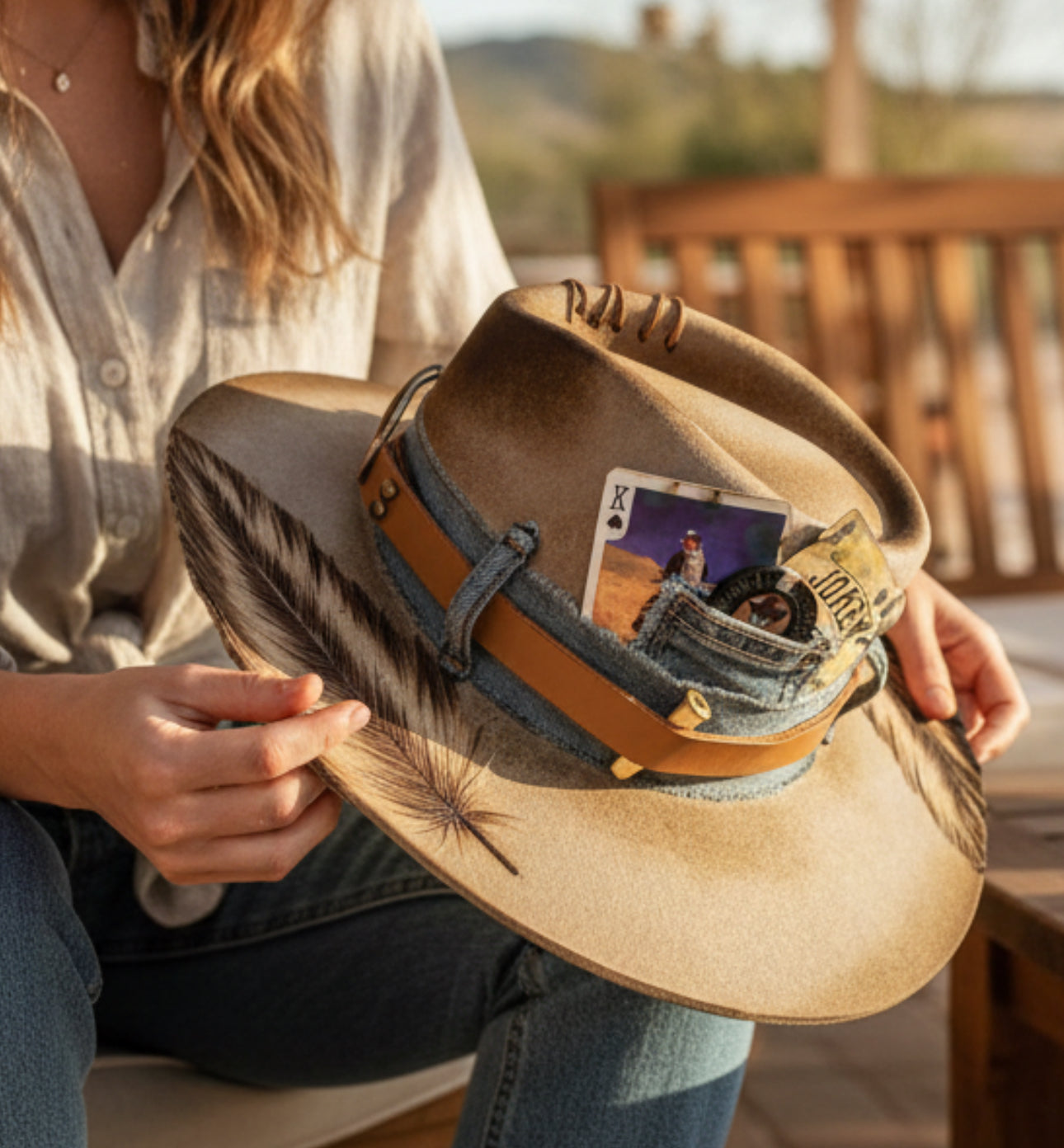 Cutout Feather Belt Buckle Wide Brim Hat