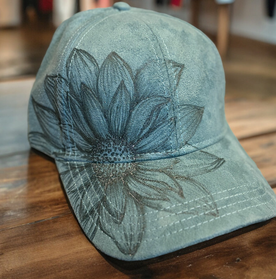 Hand Burned Faux Suede Sunflower Baseball Cap