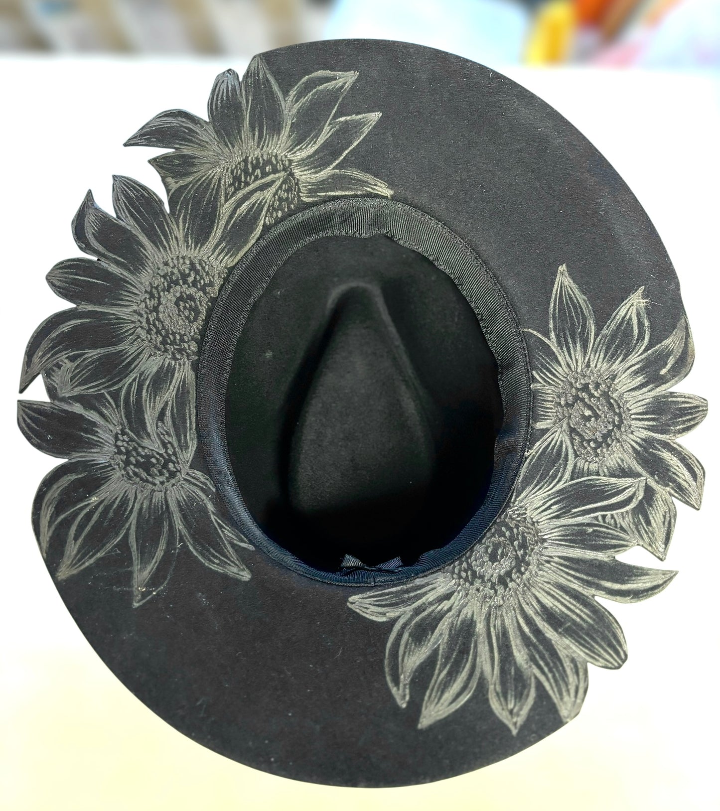 Hand Burned Black Sunflower Cutout Hat