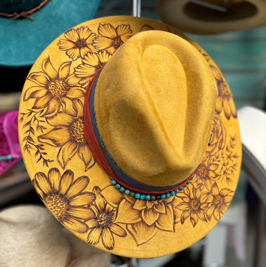 Hand Burned Wildflower Hat