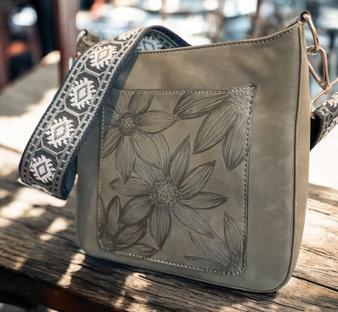 Faux Suede Crossbody Bag with Hand burned design