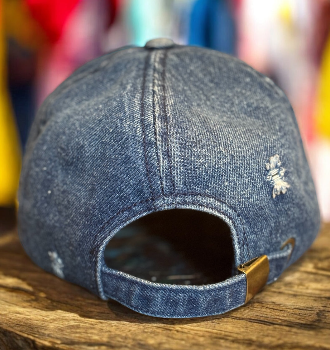 Denim Cap with Hand Burned Leather Bill