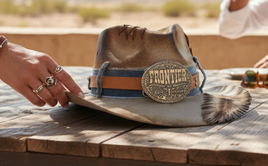 Cutout Feather Belt Buckle Wide Brim Hat