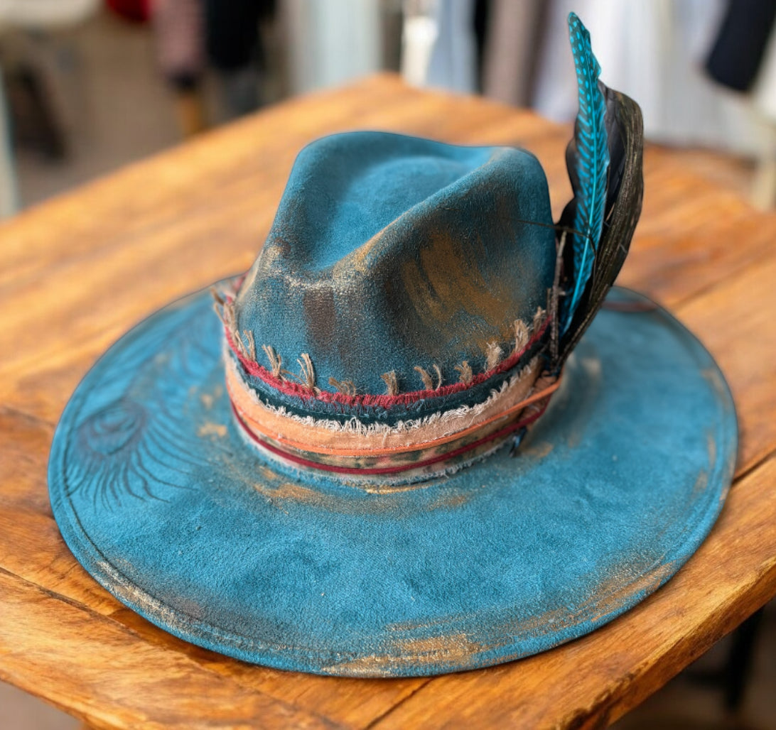 Hand Burned and Hand Painted Peacock Wide Brim Hat