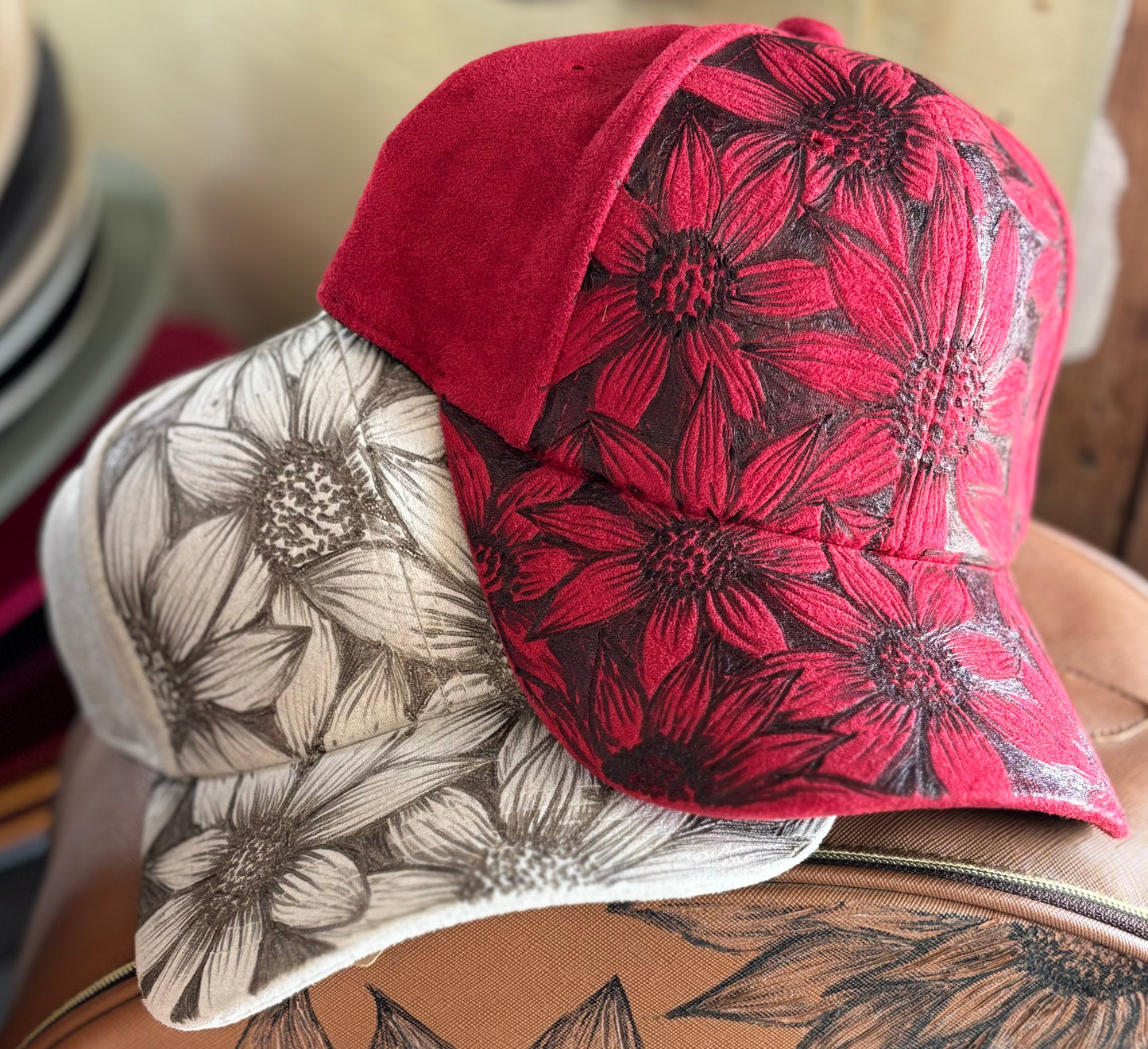 Hand Burned Sunflower Cap