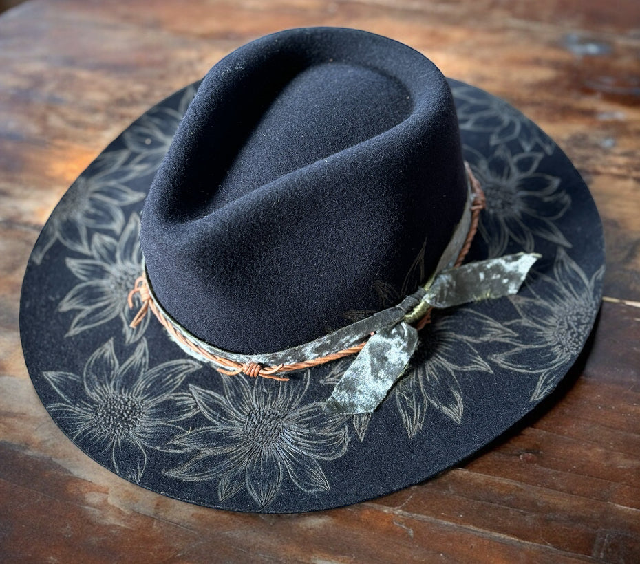 Hand Burned Black Wool Sunflower Hat