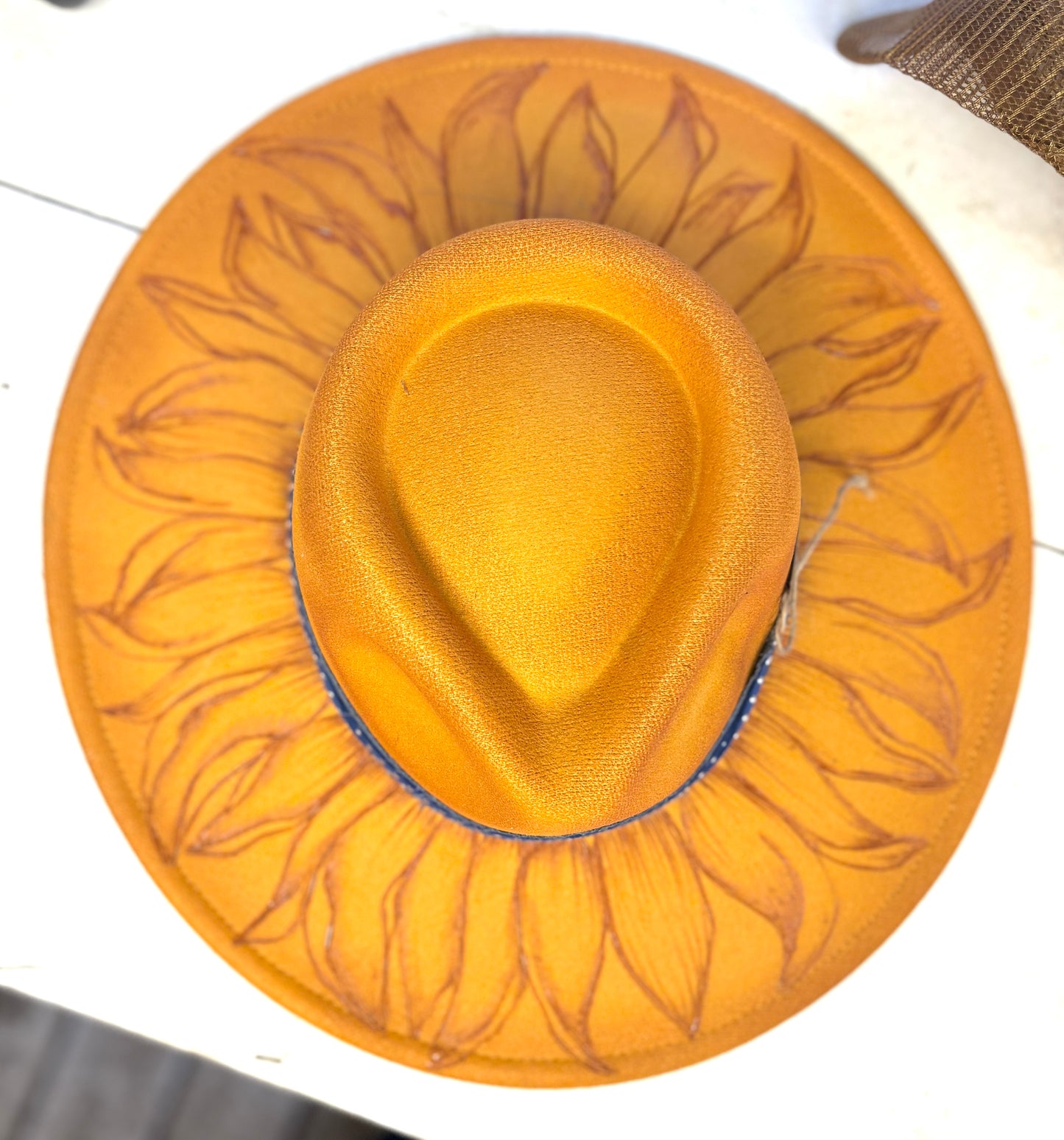 Hand Burned Felt Sunflower Hat with Hat Band